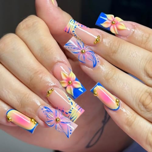 Press on Nails Square Long 24Pcs Acrylic 3D Flower & Gold Beads - color: 34