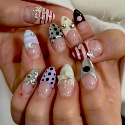 Cute Y2K Press on Nails Medium Almond French Tip Fake Nails 24Pcs - color: style-27