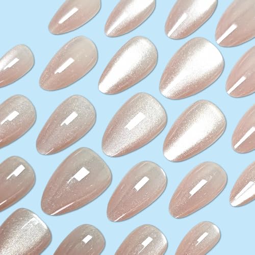 Cat Eye Nails Press ons Short Press on Nails Almond Fake Nails with Glitter Deisgn Nude Pink False Nail Full Cover Glossy Acrylic Glue on Nails Stick on Nail for Women 30Pcs - color: Q6