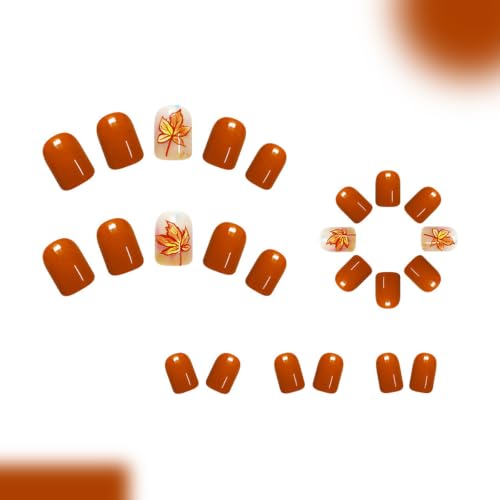 24Pcs Fall press on Nails Short Square Maple Leaf Fake Nails - color: Style-21