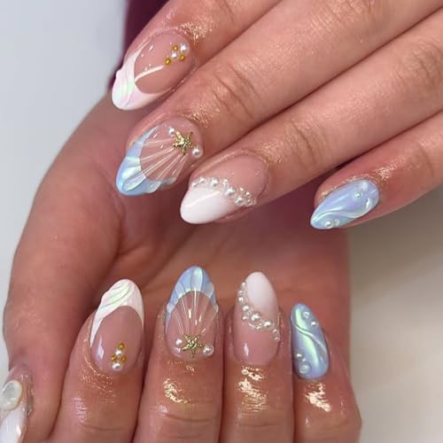 30Pcs Summer Ocean Press on Nails Medium Almond Fake Nails with 3D Pearl Starfish Waves Designs Blue French Tip Acrylic Nail Summer Nails Press On Reusable Glue on Nails for Women Manicure