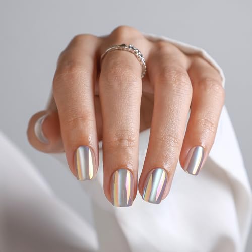 SHANGMENG Halloween Press on Nails, Square Short Chrome Cat Eye Fake Nails - color: Moonlight