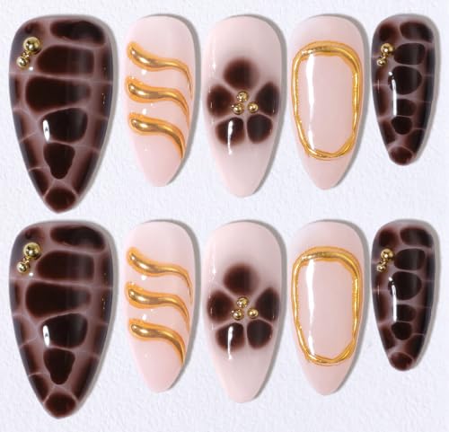 Buleens Handmade Press on Nails Acrylic - color: Gold-Ring Brown Flower, size: M