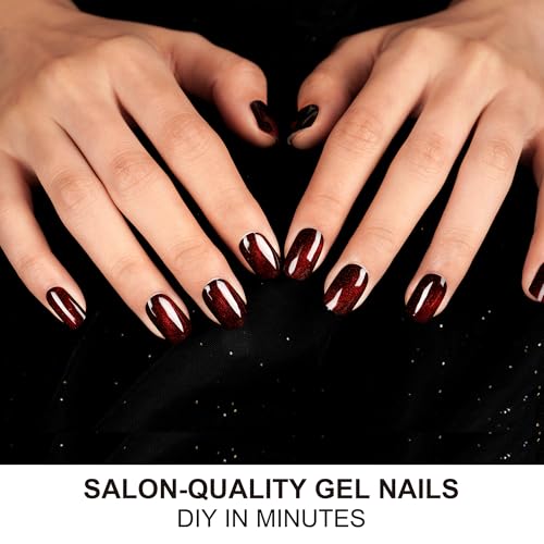 DANNI & TONI Semi Cured Gel Nail Strips Dark Red (Bonfire Night) Cat Eye Magnetic Gel Nail Wraps 28 Stickers - color: Bonfire Night