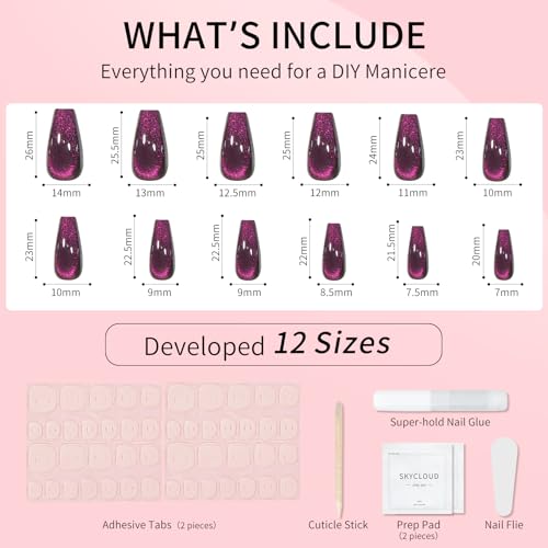 Purple Cat Eyes Press On Nails for Women Girls, 12 Size-24 Pcs Purple Medium Coffin Fake Nails, Skycloud Reusable Stick On False Nails SK0721 - color: SK0721-Dark Purple