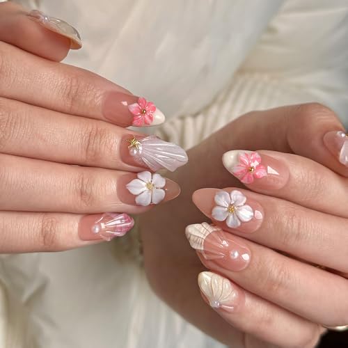 MAGLFELL Salon Press On Nails - 3D Almond Handmade Unique French Fake Nails, Thick Acrylic and Muti-Layer Gel False Nails, Reusable Gel Cured Durable press ons (Size S) - color: 145, size: S