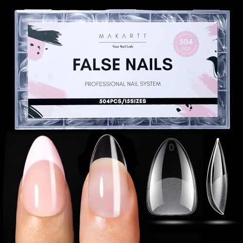 Makartt Short Almond Nail Tips: 504PCS Pre Etched Clear False Nails Tips Almond Shapes, 15 Sizes Full Cover Half Matte Soft Acrylic Press On Nail Extensions Supplies Salon and DIY at Home - size: Short
