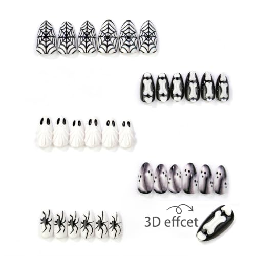 30pcs Halloween Press On Nails Ghost Spider Web Fake Nails Gothic Nail Tips - color: Halloween Press on Nails 15