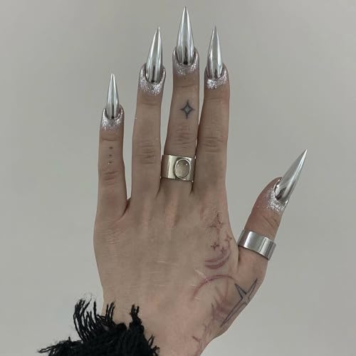 MISUD Press on Nails - Long Stiletto Glue on Nails with Silver Chrome, Acrylic Metallic Design 24 pcs - color: 06104Silver