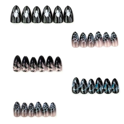 30Pcs Halloween Press on Nails Short Almond Black Gradient Spider Bat Web - color: Halloween Black Gradient