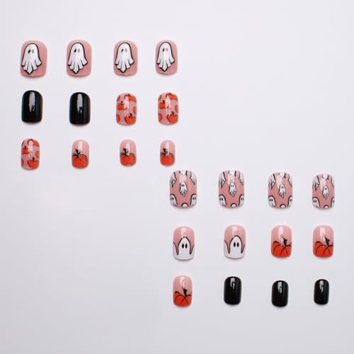Halloween Press on Nails Cute Little Ghost Stick on Nails Glossy Fake Nail with Orange Pumpkins Designs Full Cover Acrylic Short Square False Nails for Women DIY Halloween Manicuare 24 Pcs - color: Halloween Ghost