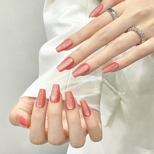 Skycloud Orange Cat Eyes Press On Nails - 24 Pcs Soft Gel Medium Coffin False Nails Kit with Nail Glue, Reusable Stick On Nails for Women and Girls (SK0859) - color: SK0859-Orange