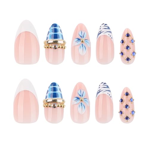 Medium Almond Press On Nails, 3D Blue Flower French, 24 Pcs - color: 106-Blush Blue Pearl