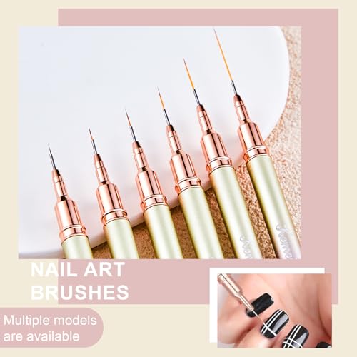 KEMEISI 6Pcs Nail Art Liner Brushes, Striping Nail Art Brush for Gel Polish Painting, Thin Detail Brush Fine Drawing Art Design Pen Size 5/7/9/11/15/25mm