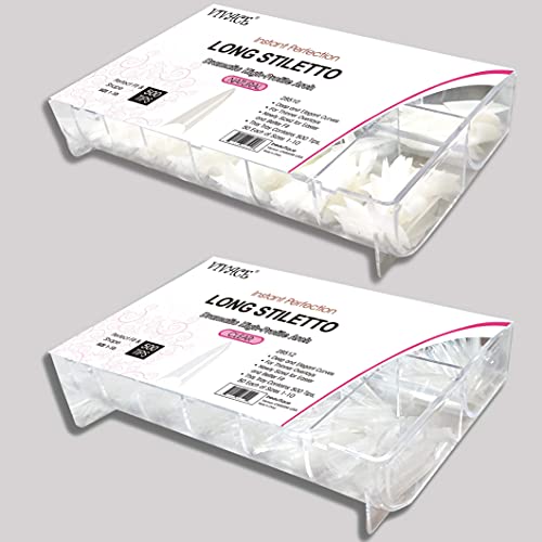 VIVACE 2PACK Natural/Clear Long Stiletto 500 Artificial Fake Gel Nail Tips (Total 1000Tips) 10Sizes For Nail Salon Nail Shop (28510/28512) (Long Stiletto)