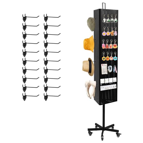 NectaCol Triangular Metal Pegboard Panels Display with Base and Pole, Black Pegboard Display Stand with Wheels, Jewelry Display Rack, Art Display Stand, Extra 20 pieces Hooks