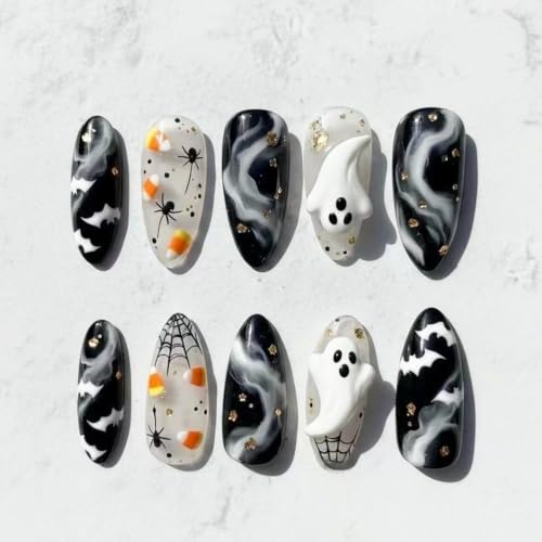 30Pcs Halloween Press On Nails Medium Almond Shape Gothic Fake Nails with 3D Ghost Bat Spider Web Designs Black White Glossy Full Cover False Nails Spooky Halloween Acrylic Nails Set for Women - color: special Halloween-10