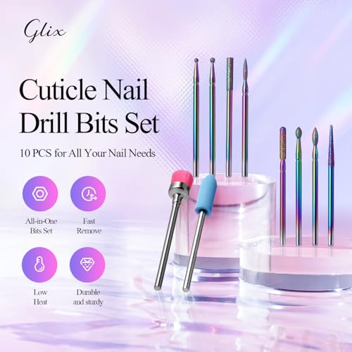 Rainbow Diamond Cuticle Bit Set for Nail Drill - 10Pcs 3/32" Nail Prep Bits with Flame Ball Needle Bit, Safety Silicone Buffer & Cleaning Brush for Beginner - color: Rainbow