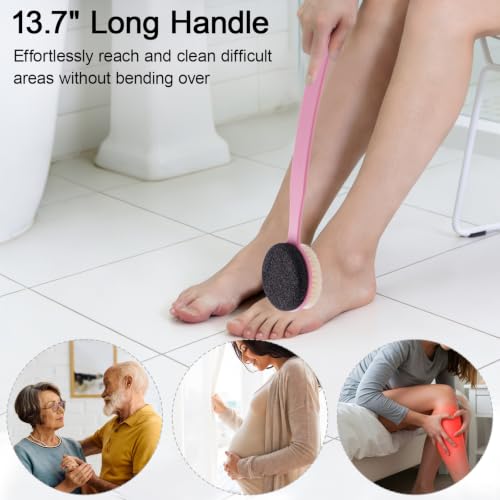 Pumice Stone Brush for Feet with 13.7" Long Handle, 2-in-1 Shower Foot Scrubber Callus Remover Pedicure Tool, Dead Skin Remover, Back Scrubber Body Brush for Shower Deep Cleansing, Pink - color: Pink Pumice