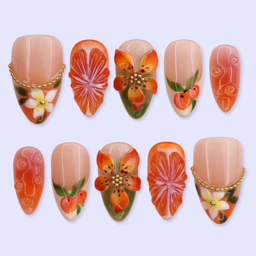 Fall Floral Press On Nails Medium Almond False Nails Autumn Orange Flower Acrylic Nails with Rhinestones Design French Tip Full Cover Stick On Nails Reusable Artificial Nail Set for Women 30Pcs - color: special Fall Floral-19