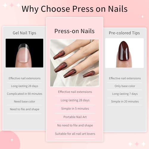 Cat Eyes Press On Nails,12 Sizes - 24 Pcs Soft Gel Dark Red Brown Medium Coffin Fake Nails Kit with Nail Glue, Natural Reusable Stick On False Nails for Women and Girls (Skycloud Nails) SK0825 - color: SK0825-Dark Red Brown