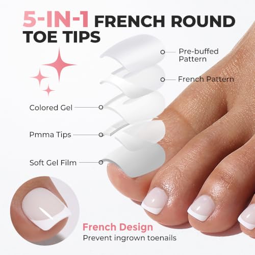 UNA GELLA French Press On Toenails Milky White With White Tip Square Round, 15 Sizes Pre-Etched Squavol Toenail Press Ons for Women, 150PCS Toenail Extension for Home DIY Salon Pedicure Summer Gift