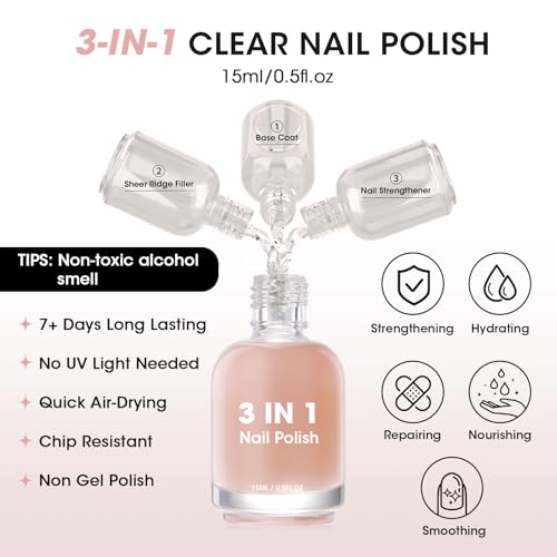 GELLEN Clear Nail Polish Ridge Filling Base Coat, Sheer Nude Tint Ridge Filler For Nails | Smooth Strengthen Nourish Damaged Dry Finger Nails | Shea Butter, Vit E, Protein | Toxin HEMA & TPO Free - color: Clear Nude Tint