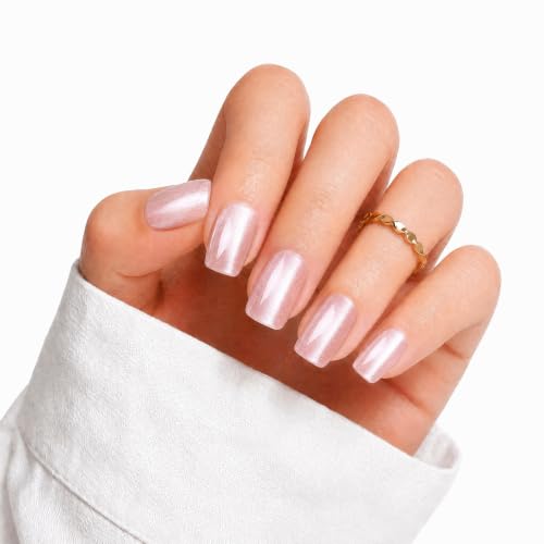 Pearl White Cat Eye Press On Nails, Short Square, 24 Pcs - color: Champagne
