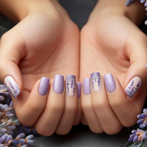 24pcs Purple Press on Nails Medium Length Square Fake Nails with Lavender designs Spring Stick on Nail Full Cover False Nails Acrylic Reusable Glue on Nails for Women Summer Manicure - color: s35