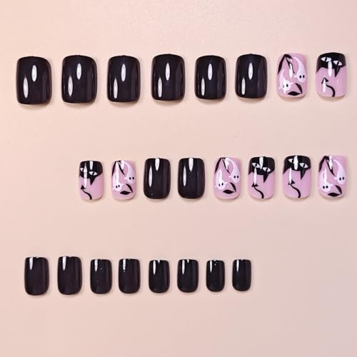 24 Pcs Halloween Press on Nails Cute Cat French Tip Fake Nails Glossy Full Cover False Nails with White Little Ghost Designs Acrylic Festival Stick on Nail Art DIY for Women Nail DIY - color: Halloween Style 015