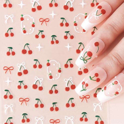 5 Sheets Cherry Nail Stickers 5D Embossed Rhinestone Cherry Bow - color: Cherry Bow