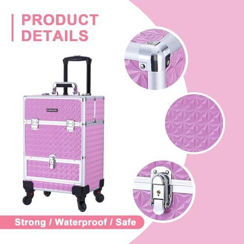 TOPACK 3-In-1 360°Rotaing Rolling Makeup Train Case with Trolley/Drawer - color: all pink, size: medium