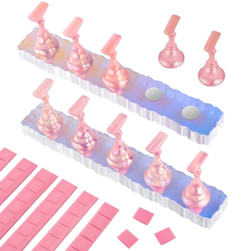 Nail Stand Acrylic Nail Art Display Stand Magnetic Nail Tips Practice Holder 54 Pcs Reusable Adhesive Putty for DIY Painting Nails Stand kit (Aurora Pink) - color: Aurora Pink