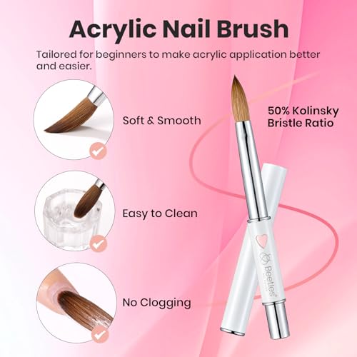 Beetles Acrylic Nail Brush Kolinsky Hair Bristles Round Shaped Metal Handle - color: C-Silver-1
