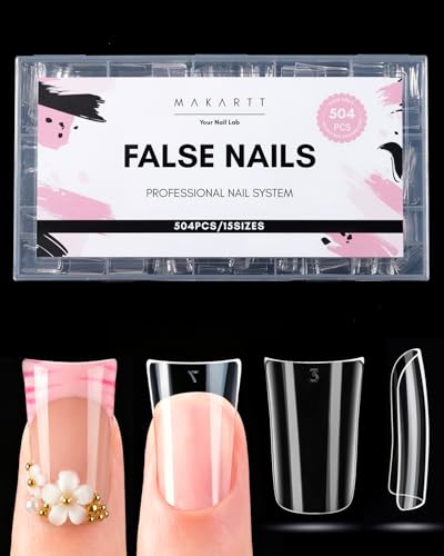 Makartt Short Duck Nail Tips, 504 PCS 15 Sizes with 5.5/6.5/7.5, Clear Full Cover Flare Nails for Press-Ons DIY, PMMA Soft Gel Wide Nail Tips for French 3D Nails Design, Salon Home Manicure Supplies - size: Short Duck Full Cover