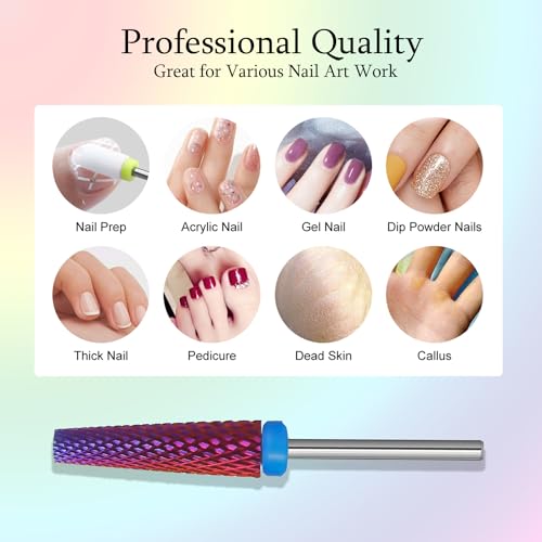 Super Long 5 in 1 Nail Drill Bits, Professional 3/32'' Carbide Tungsten Two Way Rotary Nail Cleaner Nail Bits, Suitable for Manicure Pedicure Cuticle Gel Polishing Acrylic Nails (Purple, Medium-M) - color: Purple, size: Medium-M