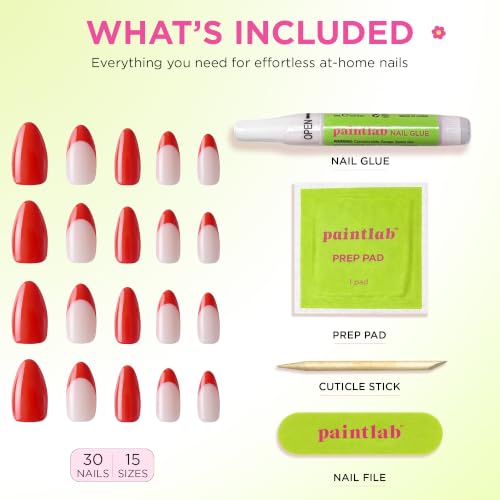 PaintLab First Class Red French Tip Press On Nails, Medium Almond 30pc Nail - color: First Class