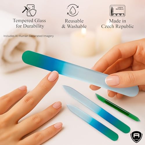 Alban Czech Glass Nail File Set with Manicure Stick & Vegan Leather Case - color: Blue & Green & Green Manicure