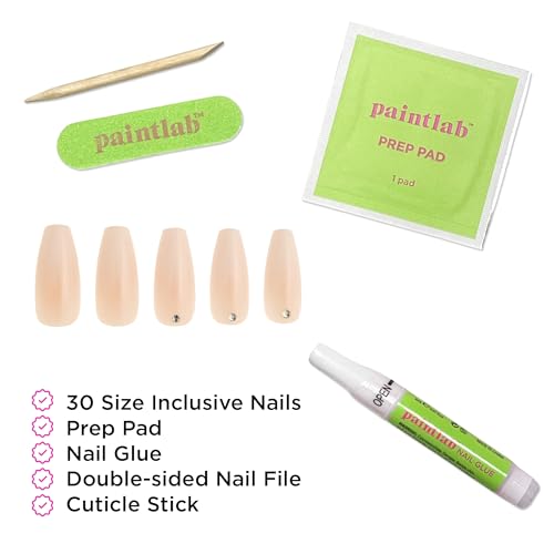PaintLab Gradient Nude Diamond Press On Nails, Coffin, 30pc Fake Nails Kit - color: Gradient Nude (With Diamonds)