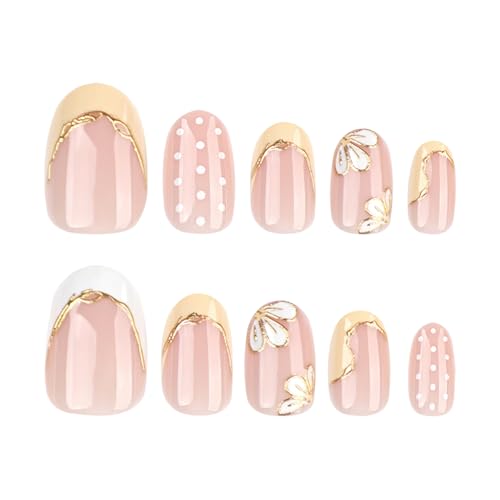 Short Oval Press On Nails Nude Pink, Yellow French Tip Fake Nails with Hand Painted Flower and Gold Outline, Cute Polka Dot Glossy Stick On Nails Reusable Full Cover False Nails for Women - color: Golden thread flower