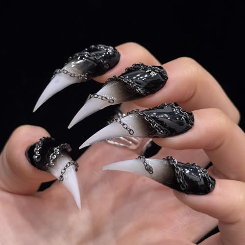 10Pcs Handmade Claw Press on Nails,Long Cats Claw 3D Chain Fake Nails with Black White Gradient Designs Gothic Thick Acrylic Nails Press Ons Glossy Stick on Nails for Women Girls (Size M) - color: Style 01, size: Medium