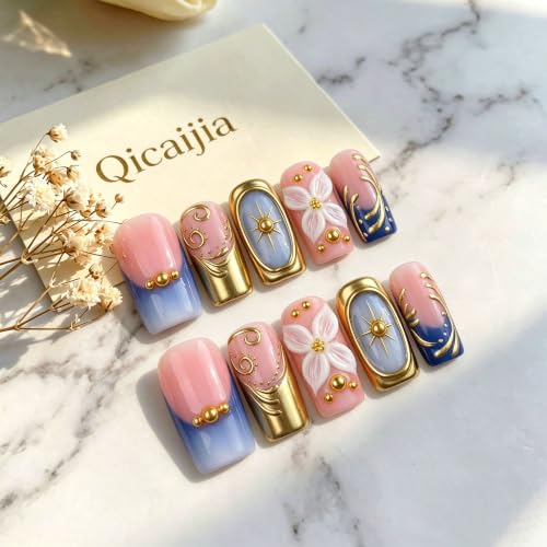 Handmade Press on Nails Medium French Tip Acrylic False Nails 10Pcs - color: style10