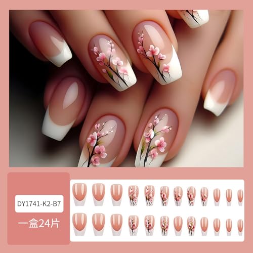 Floral Press on Nails Medium Length Fake Nails White French Tip Press ones Stick on Nails with designs Acrylic Nails Nude Gel Glue on Nails Kit for Women Spring Summer Glossy False Nails 24pcs - color: style12