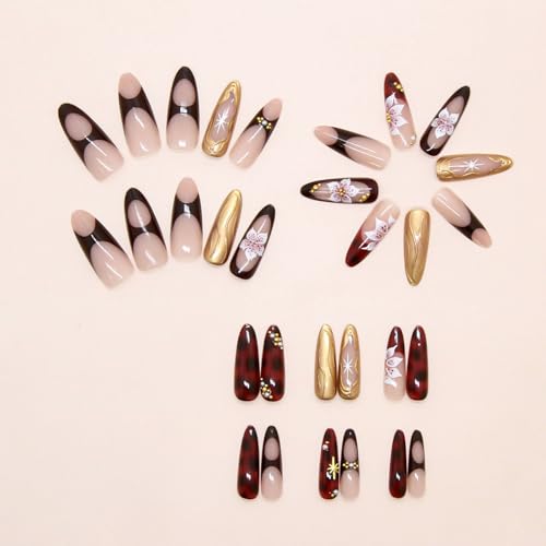 RUOKEXIN Long Press on Nails Almond Fake Nails French Tip False Nails with 3D Gold Designs Stiletto Nail Press ons Sparkly Artificial Nails for Women 24Pcs - color: Almond Style 11-13