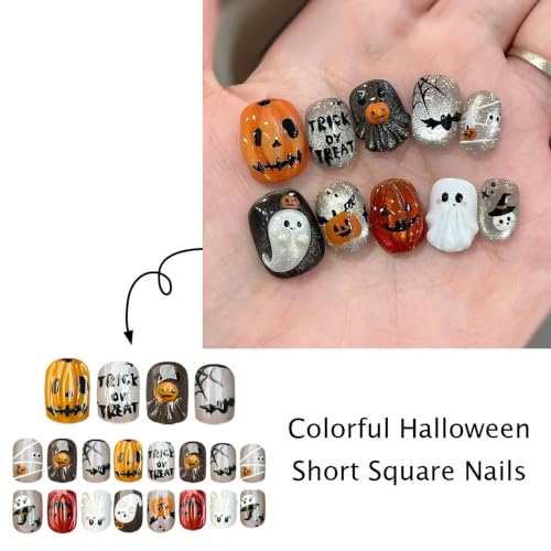 Halloween Press On Nails, Short Square Ghost Pumpkin Design - color: style 01
