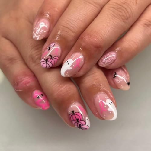 Halloween Press on Nails Pink Short Oval Fake Nails Almond False Nails - color: Style 3