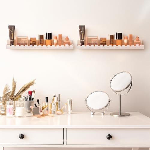 AceOrbit 6 Pack Wall Mounted Acrylic Nail Polish Display Rack, 15 Inch Scalloped Cosmetic Organizer Shelves with Anti-Slip Sides for Nail Polish, Holds 60–90 Bottles, White