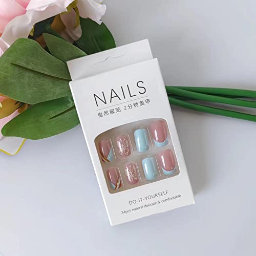 Square Press on Nails Medium Fake Nails French Gold Glitter Designs Butterfly False Nails Pink&Light Blue Acrylic Glue on Nails Glossy Full Cover Stick on Nail for Women Girls - color: Pink&White
