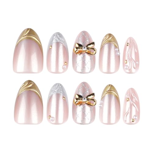 Short Almond Press on Nails 3D French Tip with Gold Bow Design Shimmer Glossy Fake Nails for Women 24PCS - color: Style-06