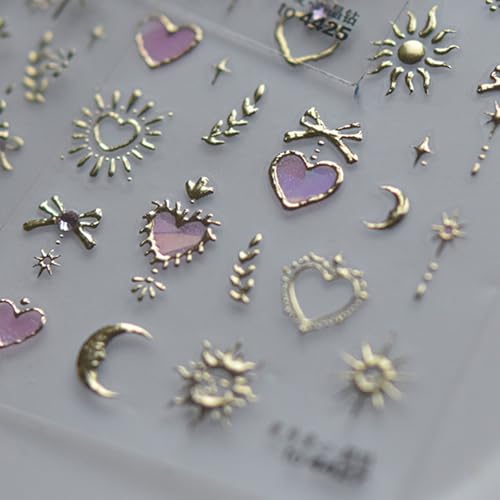 1 Sheet Star Nail Art Stickers 5D Embossed Moon Heart Nail Decals Pink Gold Nail Stickers for Nail Art with Pink Rhinestones Design Sun Nails Supplies Accessories for Women Manicure DIY Decorations - style: gold bow star
